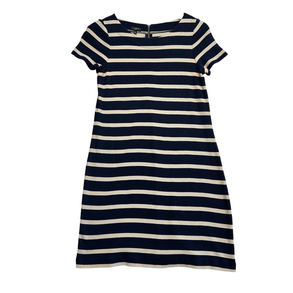 Talbots Petites Navy Blue Cream Striped Cotton Shift Dress SP VN259 03/14